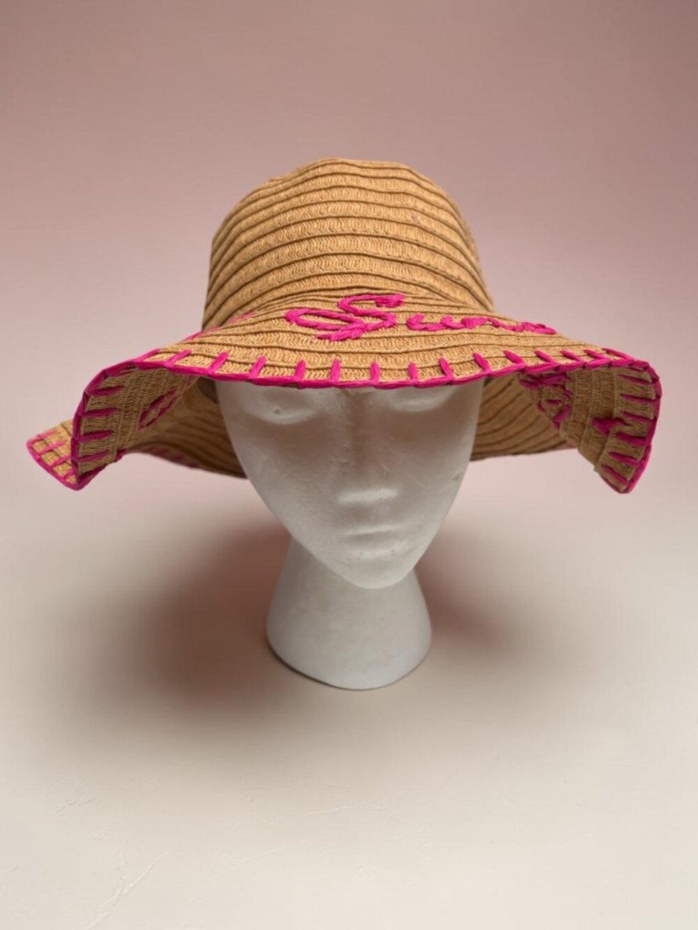Old Navy Girls Straw Sun Hat With Pink Embroidery & Trim Lightweight Summer Beac